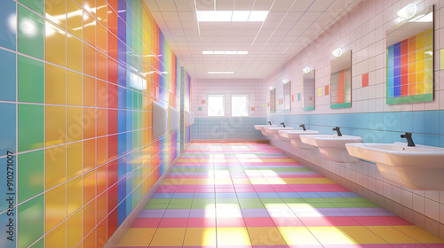 Public school restroom with tiled walls and modern fixtures