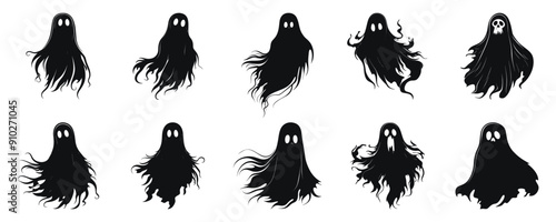 Spooky ghosts with flowing designs, vector silhouette illustration. Set of ghostly figures in eerie poses, ideal for Halloween and horror themes.