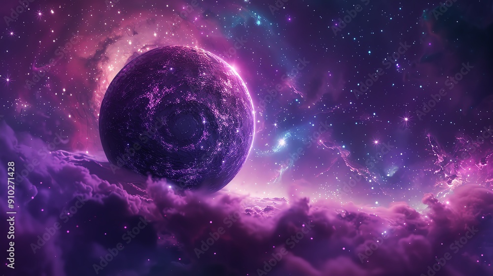 Naklejka premium A purple planet with a ring system floats in a vibrant nebula filled with swirling clouds and stars.