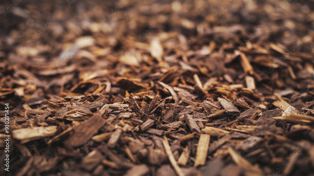 Closeup of brown natural mulch and wood shavings texture in organic garden with landscaping material, nature concept Closeup of brown natural mulch and wood shavings texture in organic garden with landscaping material, nature concept