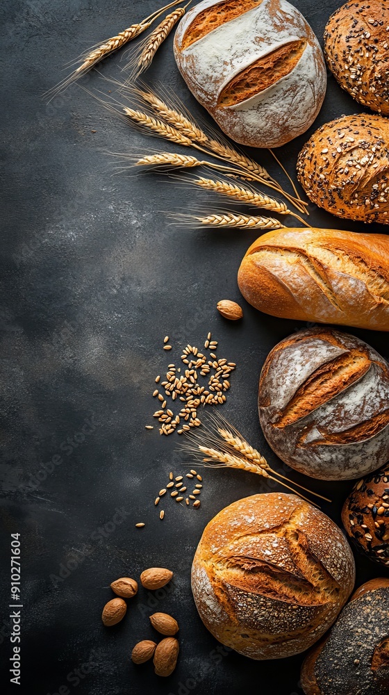 A variety of artisan breads with wheat stalks and nuts on a dark surface. A variety of artisan breads with wheat stalks and nuts on a dark surface.