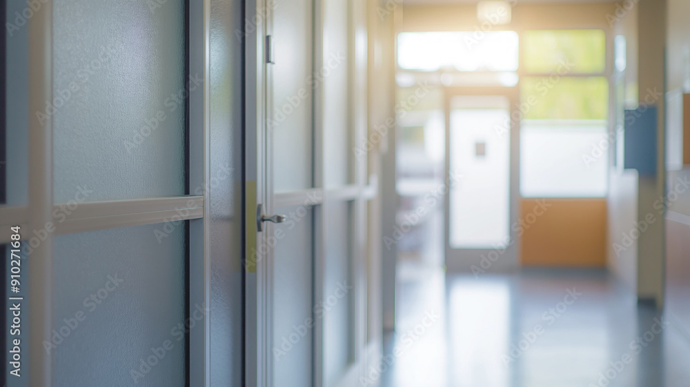 Empty hallway in modern building, blurred corridor with sunlight, interior design, architectural detail, workplace atmosphere, office environment concept Empty hallway in modern building, blurred corridor with sunlight, interior design, architectural detail, workplace atmosphere, office environment concept