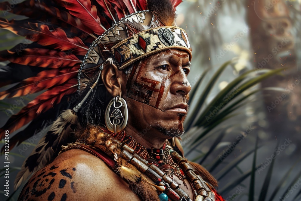 A fierce Aztec Jaguar Warrior adorned with vibrant feathers and intricate jewelry embodies strength and cultural pride amidst a dense jungle backdrop. A fierce Aztec Jaguar Warrior adorned with vibrant feathers and intricate jewelry embodies strength and cultural pride amidst a dense jungle backdrop.
