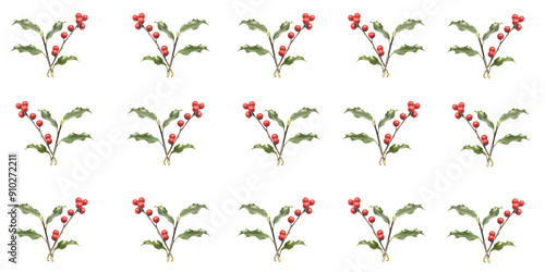 holly berries and leaves pattern on colored background (green leaf and red berry) holiday christmas theme repeating texture background wrapping paper