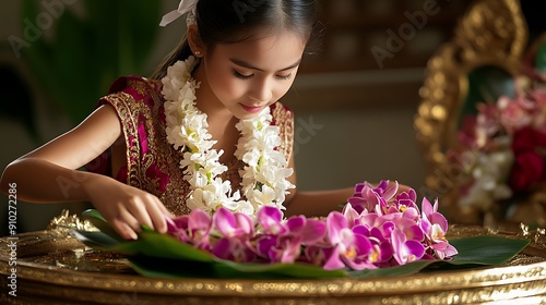 Thai girl creating a garland of jasmine and purple-pink orchids with a rose petal tail, tied with white ribbons, set on a banana leaf on a gold tray with a mirror reflecting sparkling details