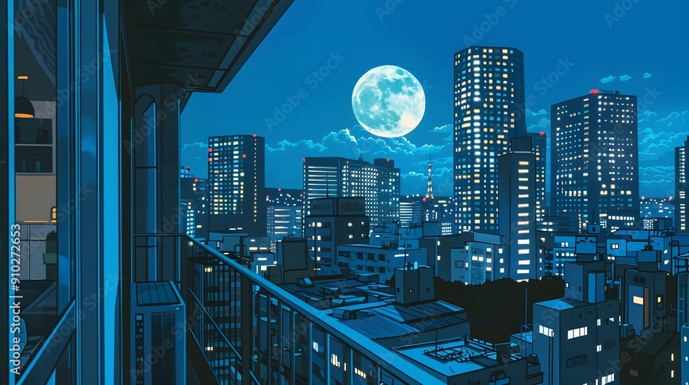 Obraz premium Illuminated Cityscape with Towering Skyscrapers and Glowing Moon in the Night Sky