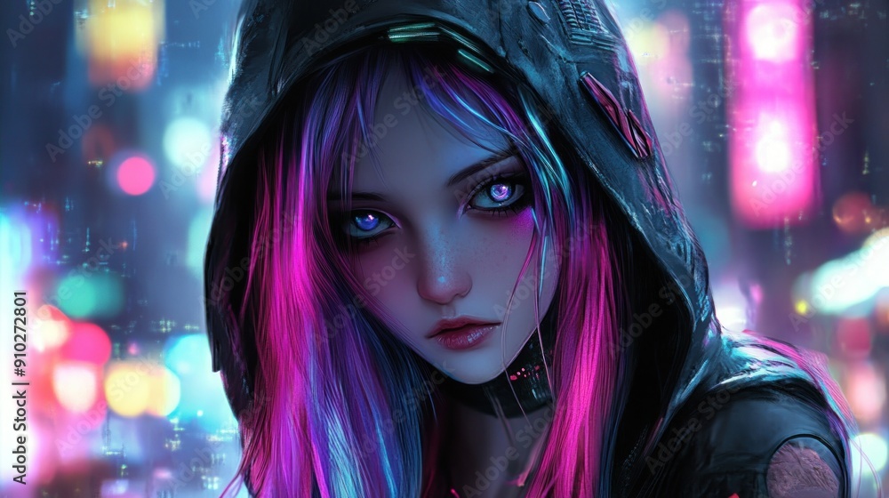 Anime girl character serious mode mysterious wearing a hood in a modern cyberpunk style background wallpaper AI generated image Anime girl character serious mode mysterious wearing a hood in a modern cyberpunk style background wallpaper AI generated image