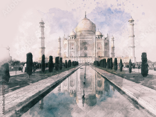 Watercolor art taj mahal, India
