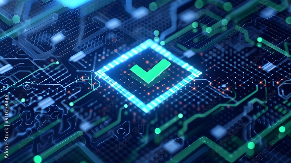 Digital check mark on a blue circuit board representing data verification, cyber security, and technology validation. Digital check mark on a blue circuit board representing data verification, cyber security, and technology validation.