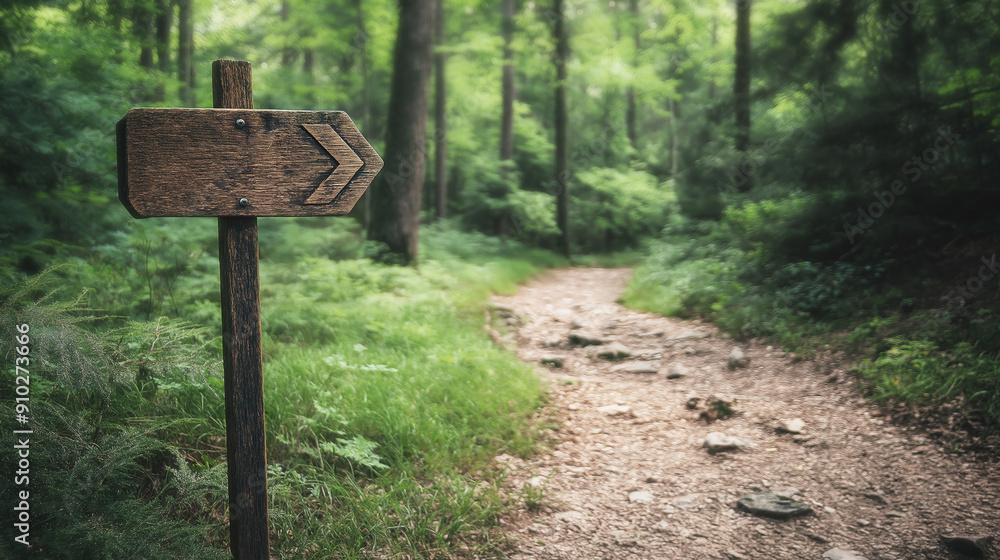 Wooden signpost with arrow along forest trail, guiding hikers, wilderness concept Wooden signpost with arrow along forest trail, guiding hikers, wilderness concept