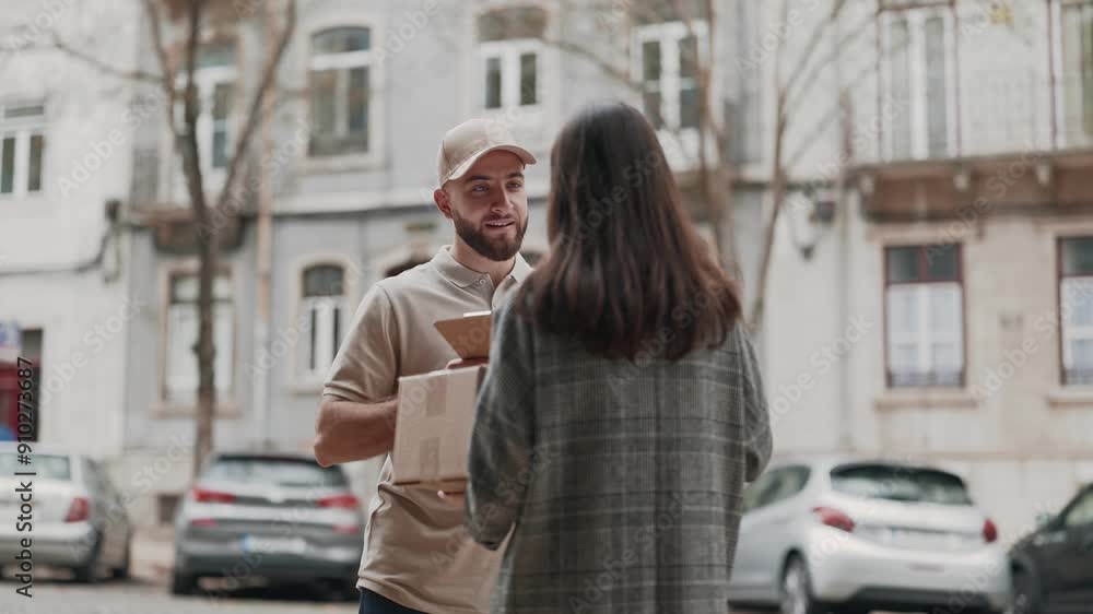 A cheerful courier delivering a parcel to a female customer in an urban setting, capturing a moment of everyday service. A cheerful courier delivering a parcel to a female customer in an urban setting, capturing a moment of everyday service.