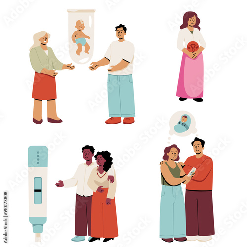 Infertility and IVF concept in flat vector set. Isolated background.