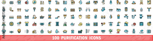 100 purification icons set. Color line set of purification vector icons thin line color flat on white