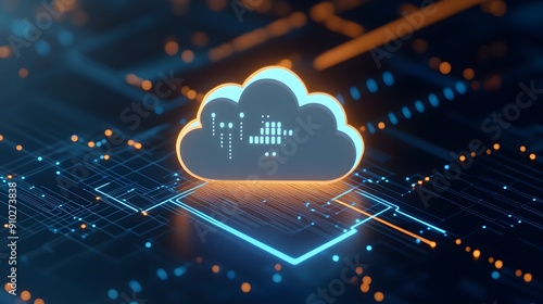 Digital cloud computing and data transfer concept, glowing cloud icon with circuit board background representing modern technology.