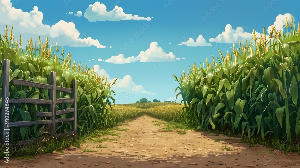 Idyllic Rural Landscape with Corn Field and Dirt Path Through the Countryside Idyllic Rural Landscape with Corn Field and Dirt Path Through the Countryside