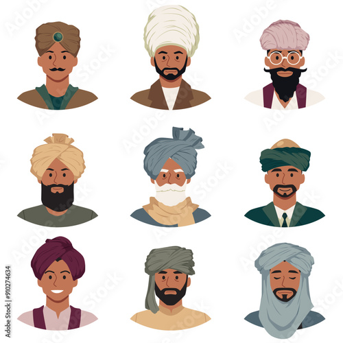Fashion turban headdress Arab or Indian culture vector avatars set, Saudi oriental men with wrapped head scarf hat