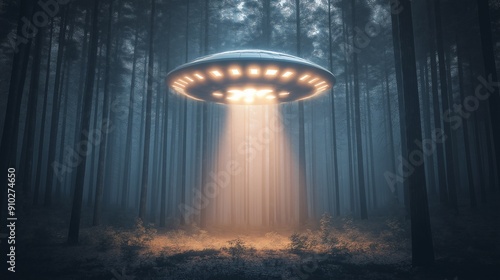 UFO hovering over dark forest with glowing lights, mysterious night sky background, alien spacecraft concept photo