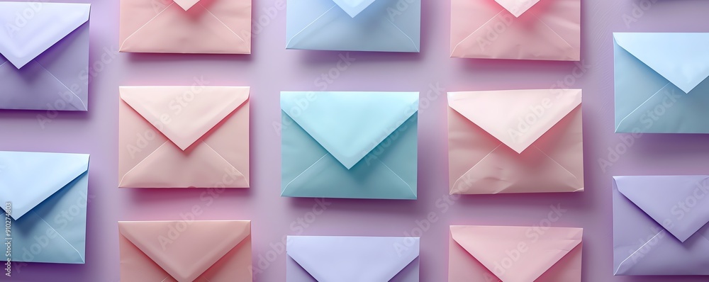 Threedimensional pattern of pastelcolored envelopes arranged in rows with a light blue background The design has a soothing and tranquil aesthetic Threedimensional pattern of pastelcolored envelopes arranged in rows with a light blue background The design has a soothing and tranquil aesthetic