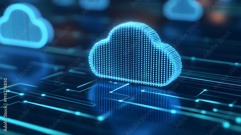 Digital cloud computing concept with glowing blue digital cloud symbols representing data storage and technology integration.