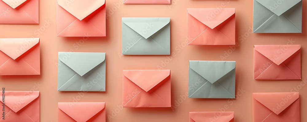 Threedimensional pattern of pastelcolored envelopes arranged in rows with a light blue background The design has a soothing and tranquil aesthetic Threedimensional pattern of pastelcolored envelopes arranged in rows with a light blue background The design has a soothing and tranquil aesthetic