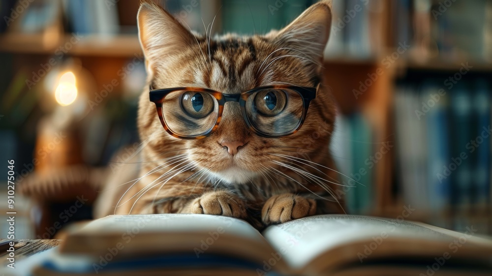 A creative scene of a cat sitting at a desk, wearing glasses and appearing to read a book A creative scene of a cat sitting at a desk, wearing glasses and appearing to read a book