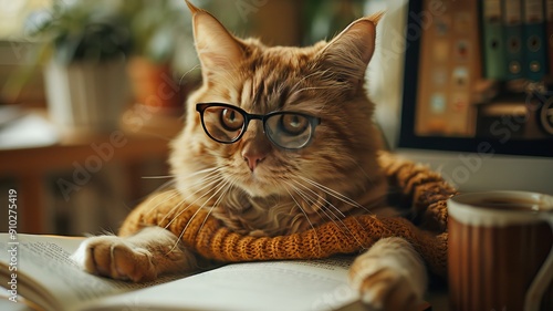 A creative scene of a cat sitting at a desk, wearing glasses and appearing to read a book photo