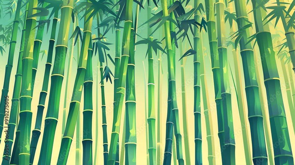 Obraz premium A vibrant illustration of a dense bamboo forest, with tall green stalks reaching towards a bright sky.