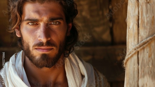 A thoughtful young man with a beard and long hair stands outdoors, gazing at the camera with serene eyes. Wooden elements add rustic charm to the tranquil setting.