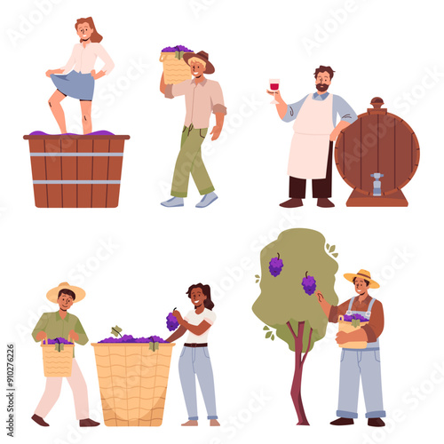 The characters collect grapes, trample them and enjoy the finished grapes.