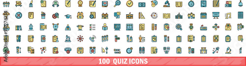 100 quiz icons set. Color line set of quiz vector icons thin line color flat on white