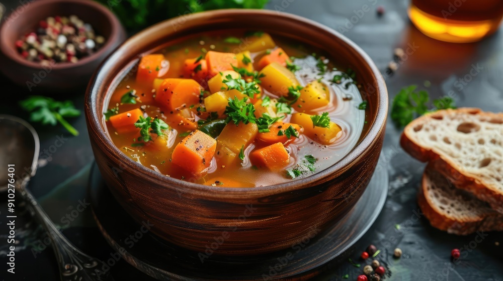 A warm bowl of vegetable soup featuring seasonal ingredients, garnished with fresh herbs, perfect for a cozy meal. A warm bowl of vegetable soup featuring seasonal ingredients, garnished with fresh herbs, perfect for a cozy meal.