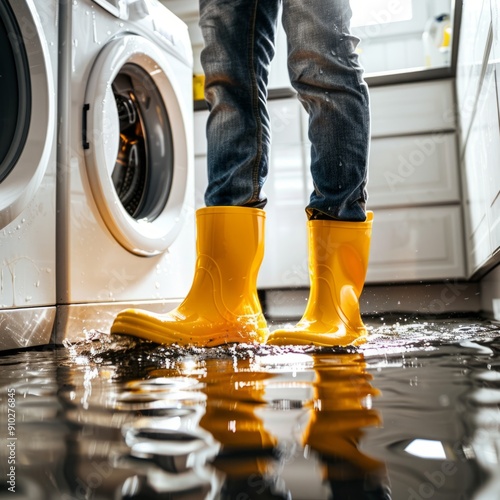 Man in yellow rubber boots standing in flooded laundry room with washing machine. Concept of room flooding, flood