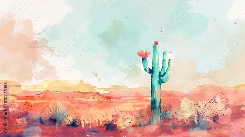 A watercolor painting of a lone cactus in a desert landscape with a pink and blue sky.