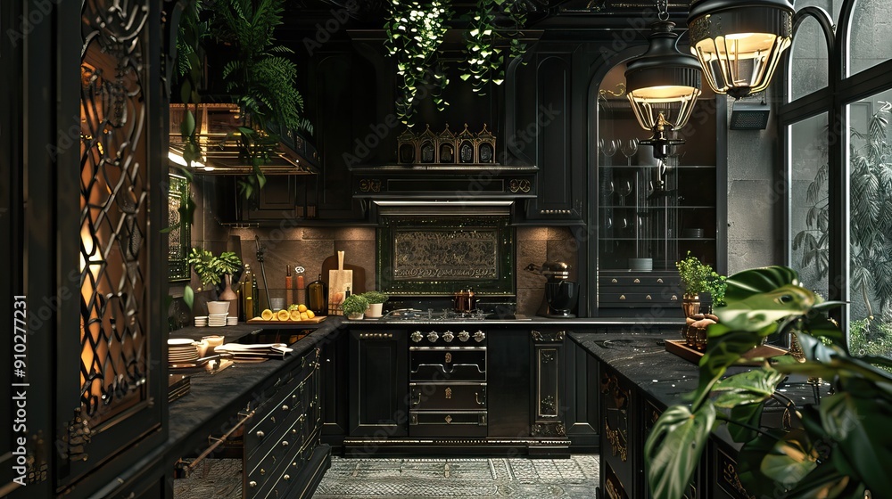 Naklejka premium Elegant dark kitchens with luxurious decor, green plants, and cozy ambiance. AI generated image background