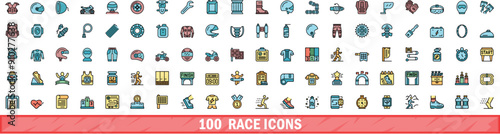 100 race icons set. Color line set of race vector icons thin line color flat on white