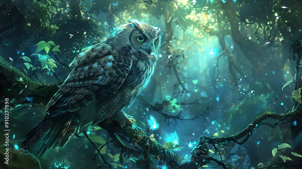 Fototapeta premium A wise owl perches on a branch in a mystical forest, surrounded by glowing blue butterflies.