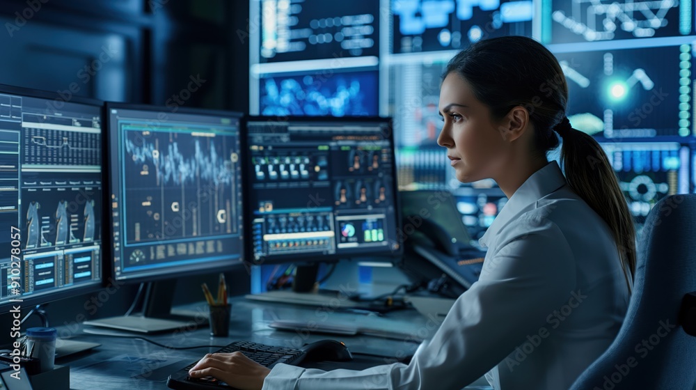 Female system engineer sits in front of computer screens displaying various data and controls operational proceedings. She supervises and monitors systems in a global corporate facility. Female system engineer sits in front of computer screens displaying various data and controls operational proceedings. She supervises and monitors systems in a global corporate facility.