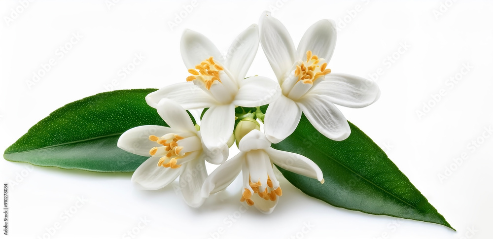 Obraz premium Orange tree flowers bunch closeup isolated on white. Neroli blossom. White citrus tree bloom