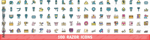 100 razor icons set. Color line set of razor vector icons thin line color flat on white