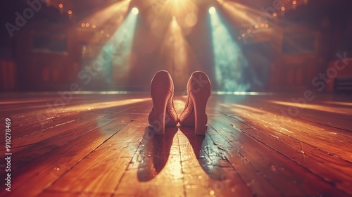 A pair of ballet pointe shoes arranged on a polished wooden stage floor, under the soft glow of stage lights casting shadows of dancers in midperformance photo