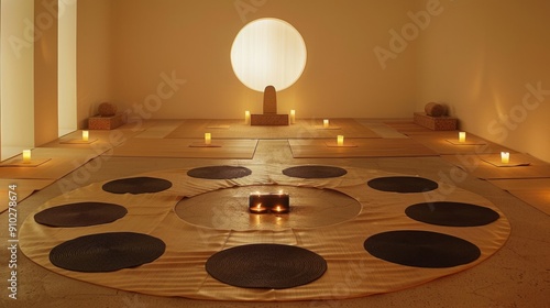 Serene Japanese Zen Meditation Room with Candles and Round Seating Arrangement. Meditation, zen. Culture and travel concept photo