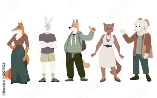 Anthropomorphic animals vector set, cute dressed furry dog, fox cat, sheep and hare posing full length in casual clothes