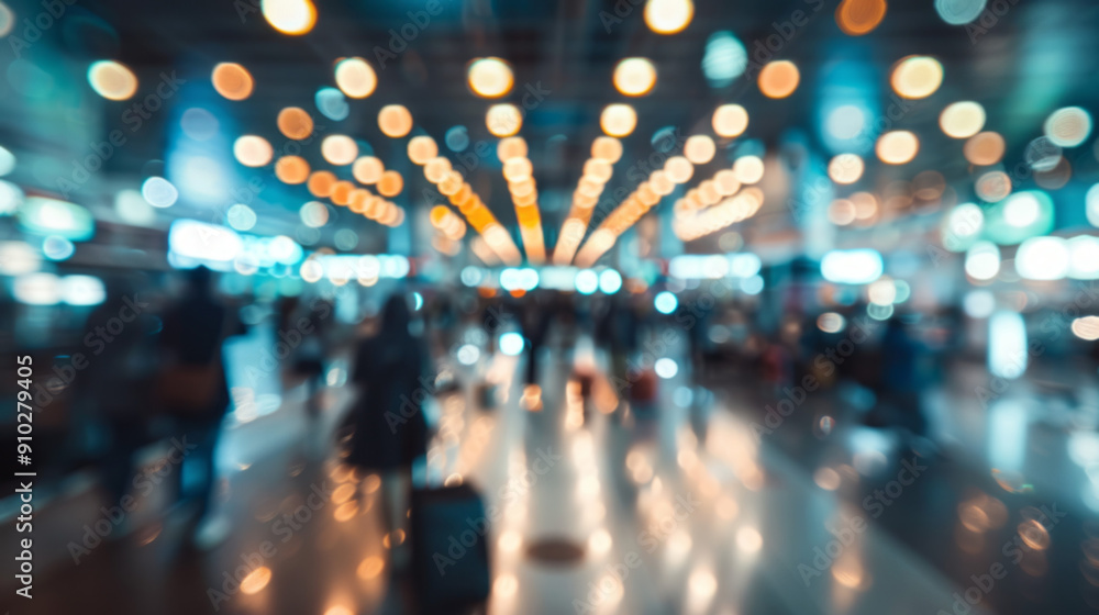 Blurred airport lights and travelers. A blurred image of travelers walking through an airport terminal, with bright lights overhead. Blurred airport lights and travelers. A blurred image of travelers walking through an airport terminal, with bright lights overhead.