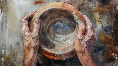 Hand processing of potter's wheel made of earthen clay. Artistic creation in studio. photo