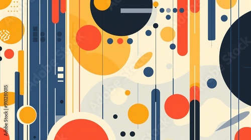 Abstract geometric pattern with circles, lines, and dots in blue, orange, yellow, and black. photo