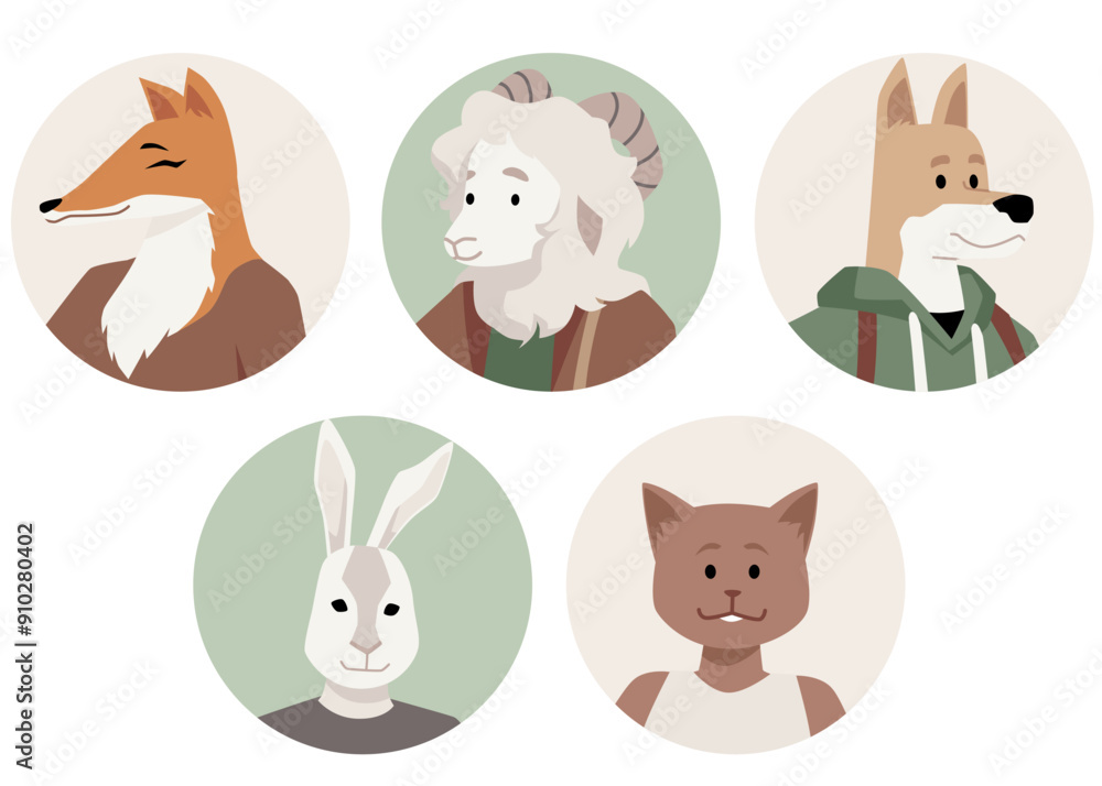 A collection of stickers with animal characters in human costumes. A collection of stickers with animal characters in human costumes.