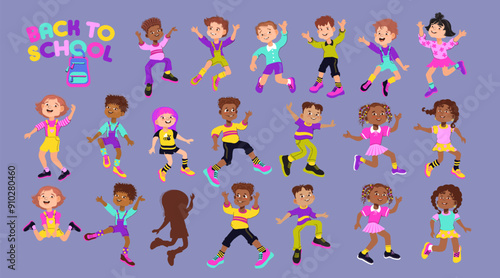 Cute cartoon children. Set of diverse jumping and dancing boys and girls. Diverse multiethnic cheerful kids. Colorful isolated funny characters collection. Vector flat illustration.