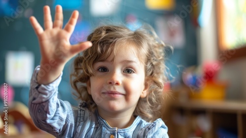 Smiling kid with curly hair raising hand in bright classroom