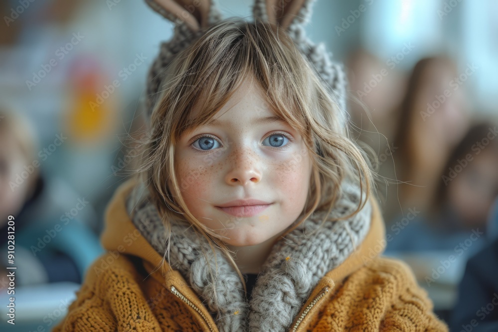 Cute girl in knitted hat with bunny ears in cozy classroom setting Cute girl in knitted hat with bunny ears in cozy classroom setting