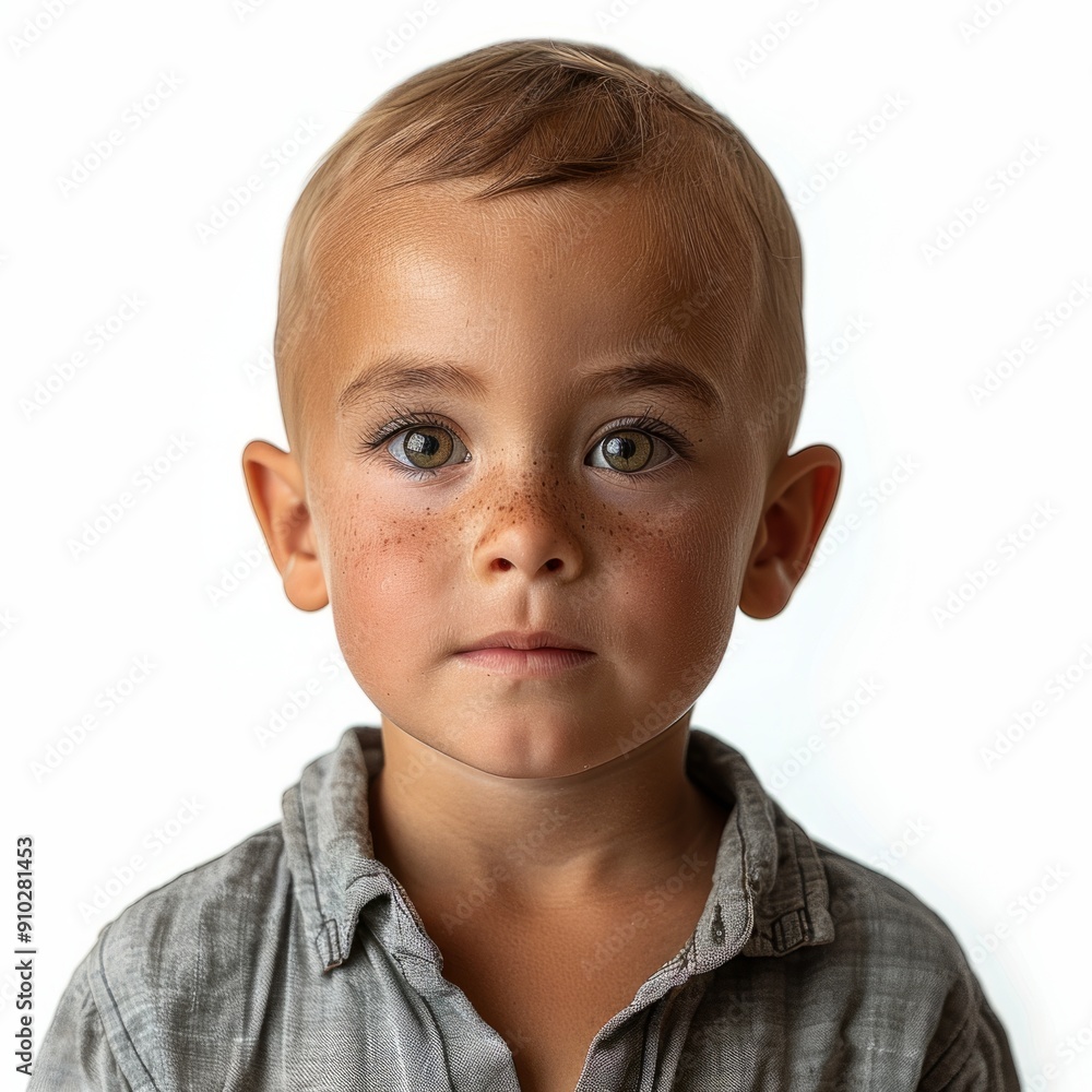 Portrait of boy with freckles and brown eyes on white background Portrait of boy with freckles and brown eyes on white background